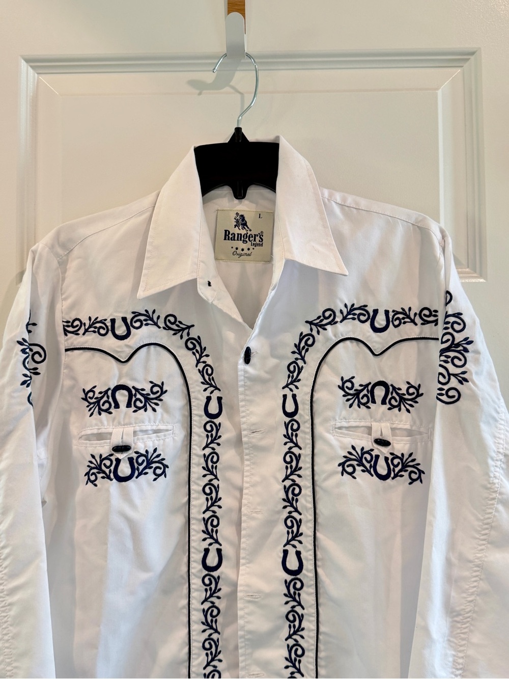 Ranger's Charro White Shirt with Dark Blue Floral Embroidery Button Down sz L - Picture 3 of 12